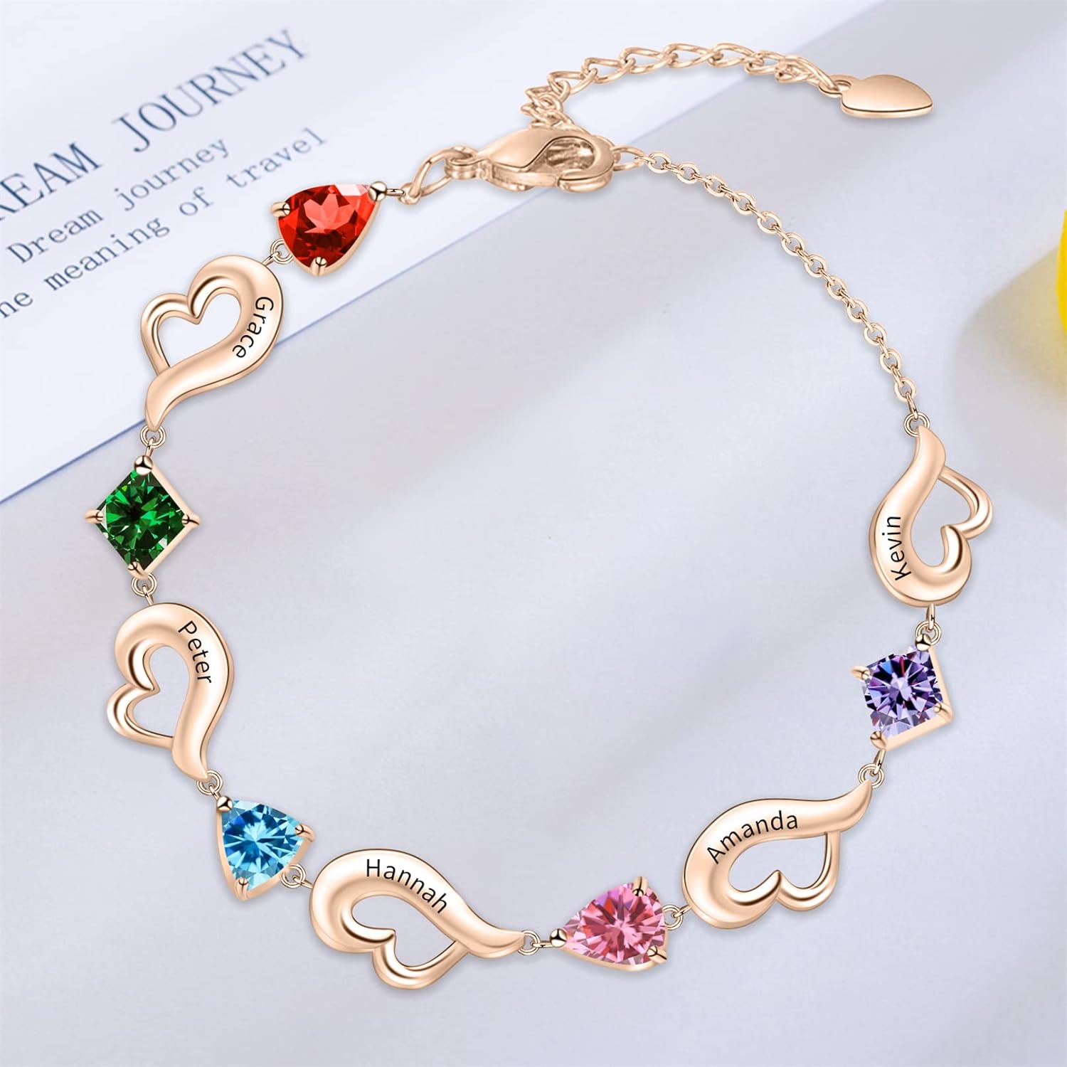 MissNaNa Personalized Heart Link Bracelet for Women Custom 1-6 Names Bracelets with Simulated Birthstones Adjustable Family Bracelets Christmas Gifts for Mother Daughter Teen Girls