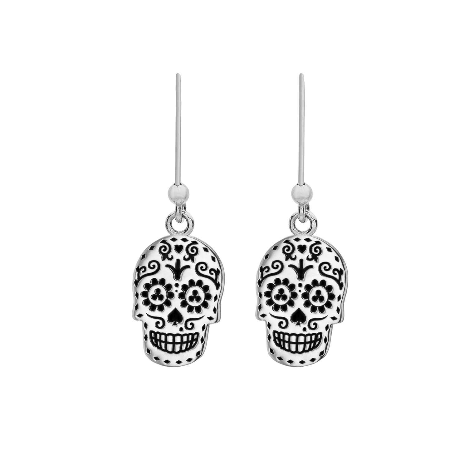 Tuscany Silver Orecchini a goccia teschio a giorno dei morti ossidato da 9.8mm x 27mm in argento sterling per donna