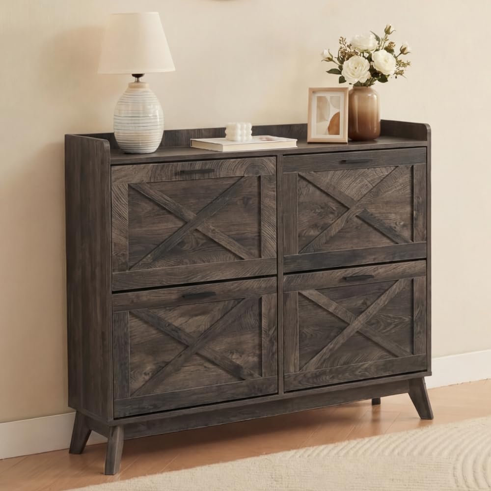 CASABEL Scarpiera 4 Ribalte, Frontali con motivo a croce, Legno Scuro, Design Funzionale, Grande Capacità 24 Paia, Mobile Pratico per Corridoio, Ingresso o Soggiorno, 114x24x96 cm