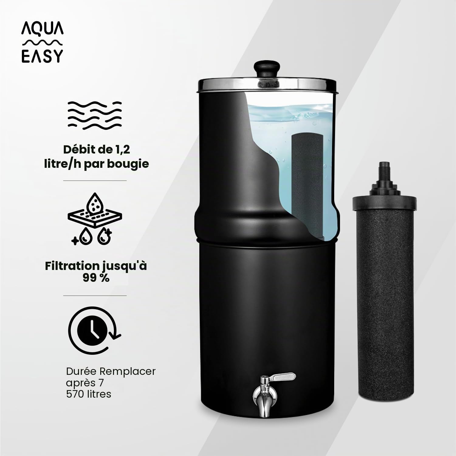 AquaEasy Système de filtre à eau par gravité en acier inoxydable (8,5 litres) avec 2 filtres à charbon actif, robinet et support en acier inoxydable | Système de filtration d'eau de comptoir (Matte)