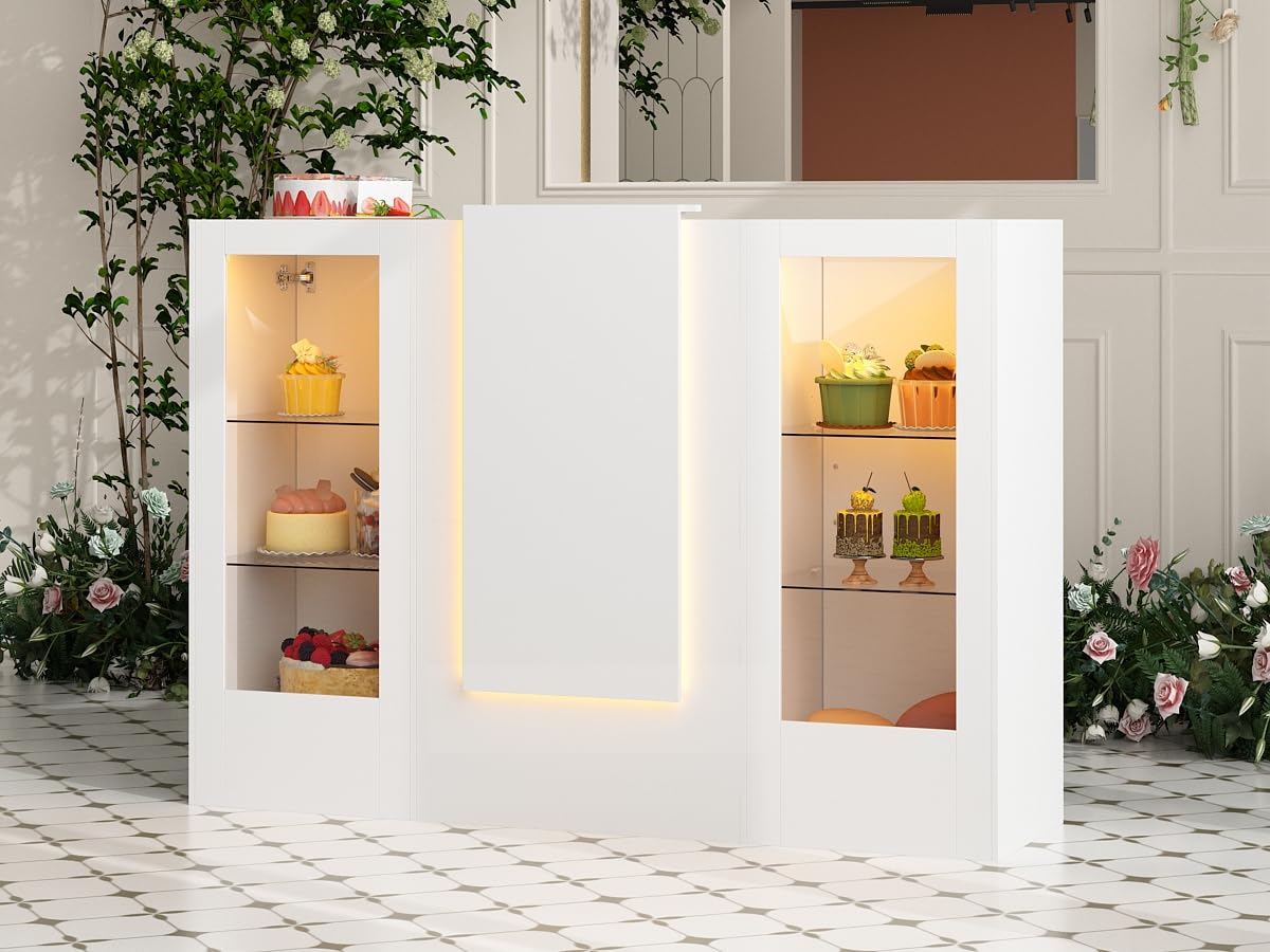 Mesa de recepción blanca con barra de luz, mostrador de recepción, mesa de recepción, mesa de recepción, mesa de recepción con 2 armarios y 1 cajón de teclado, 150 x 52 x 100 cm, color blanco