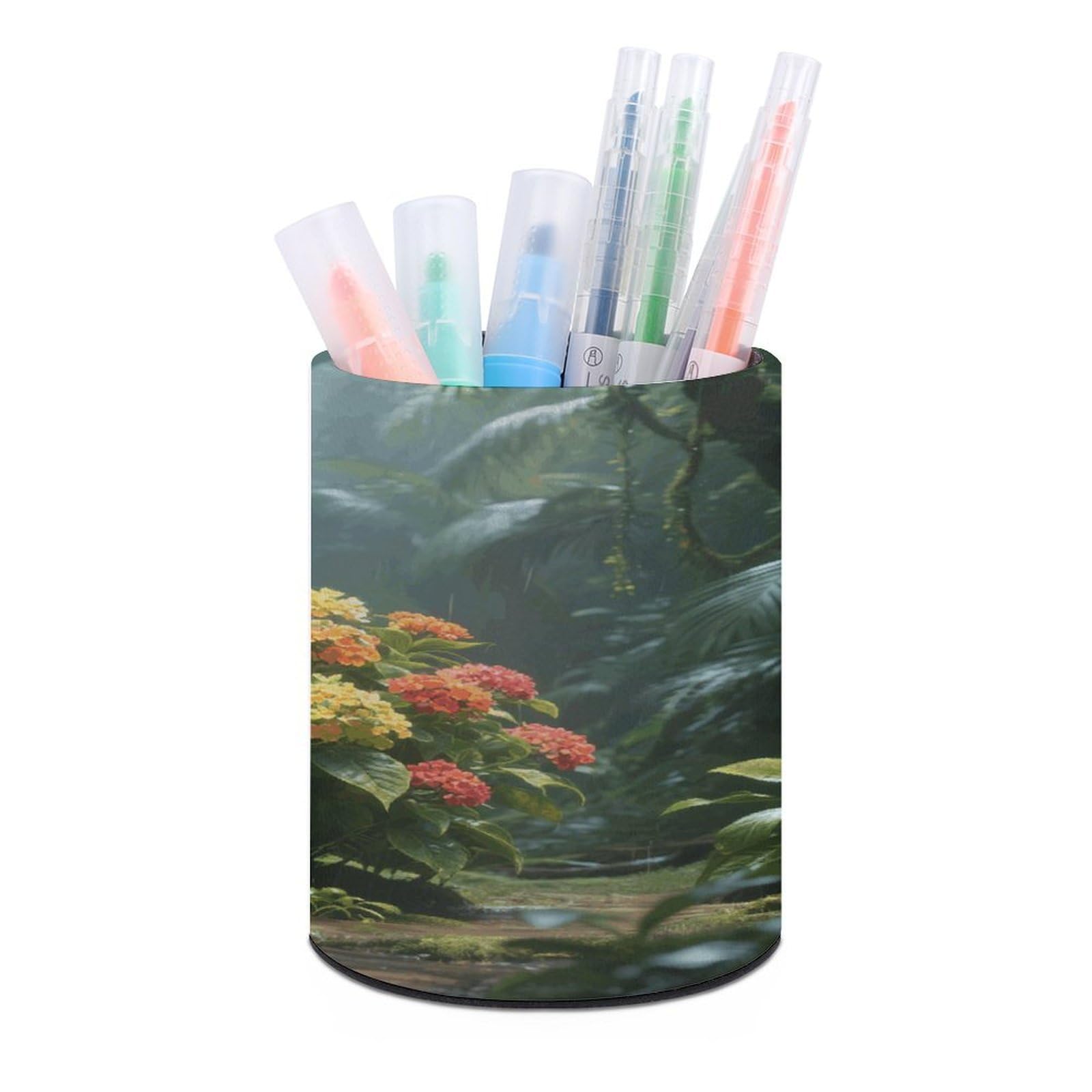 VstaDank Rainforest Hydrangea Pen Holder Round Pencil Holder Cup Pen Container PU Leather Desk Organizer Stand Decor Brush Scissor Holders Decoration Office Desk Home (3.1 X 3.9 Inches)
