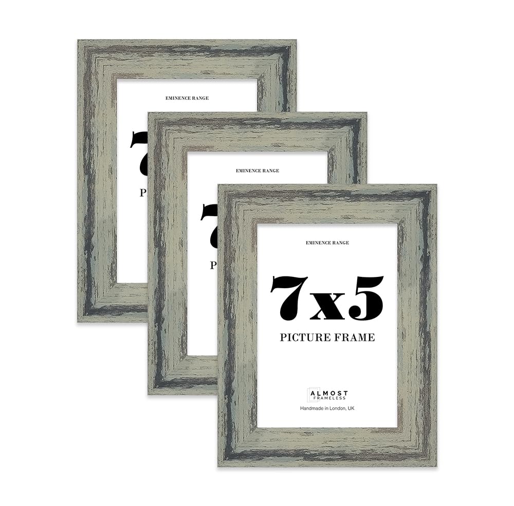 7x5" Distressed Green Picture Frame - Rustic Wood Industrial Effect Photo Frame for Wall Display, Ideal for Posters, Prints & Home Décor, Wall Hooks and Kickstand, 32mm Edge - 3 Pack