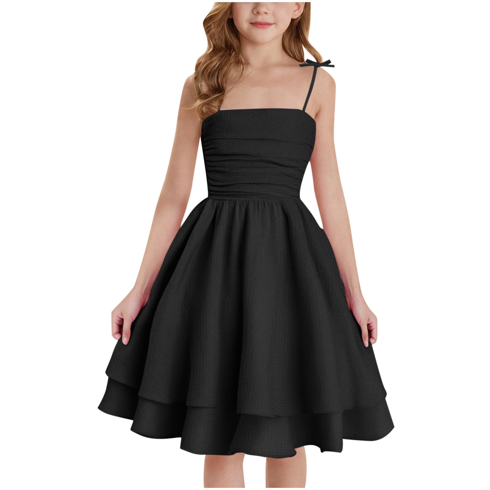duxyoz Girl's Summer Dresses Spaghetti Strap Swing Pleated Cotton Dress Tween Kids Flowy Front Ruched Boho Beach Casual Midi Sundress for Princess Birthday Party Wedding Prom Gown Black 12-13 Years