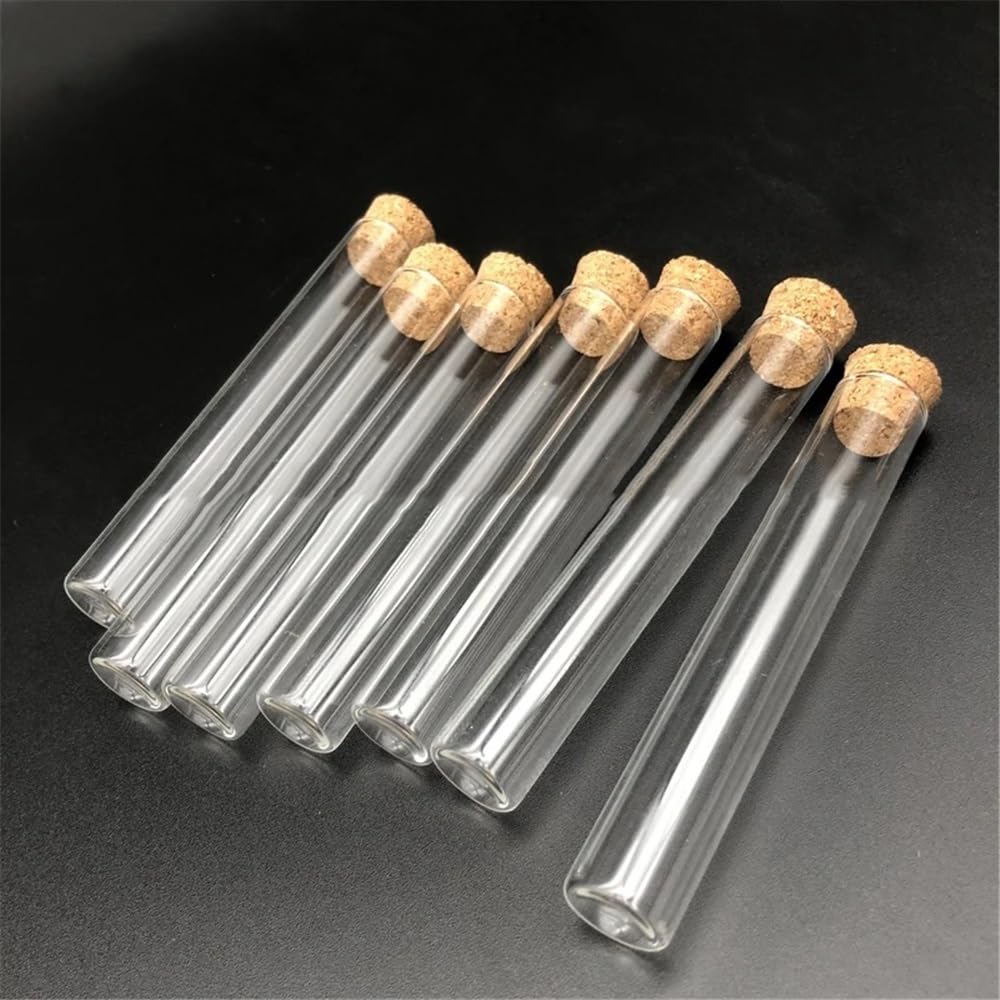 Provette in vetro con tappi in sughero, Provetta in vetro borosilicato 15x100 mm Tappi in sughero a fondo piatto Misure multiple(100pcs)