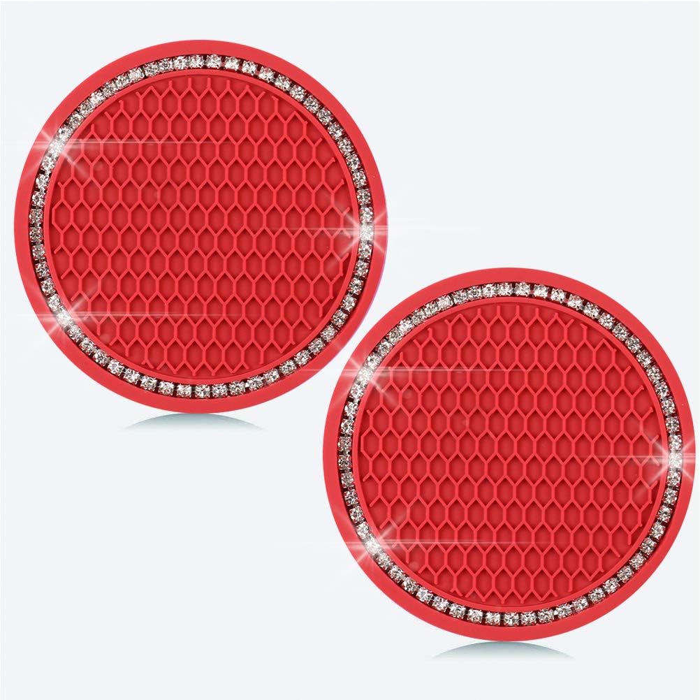 SUNACCL Universal Vehicle Bling Travel Auto Cup Holder Insert Coasters Crystal Rhinestone Car Interior Accessories Durable Anti Slip Silicone Car Coasters (Pack of 2) (Red)