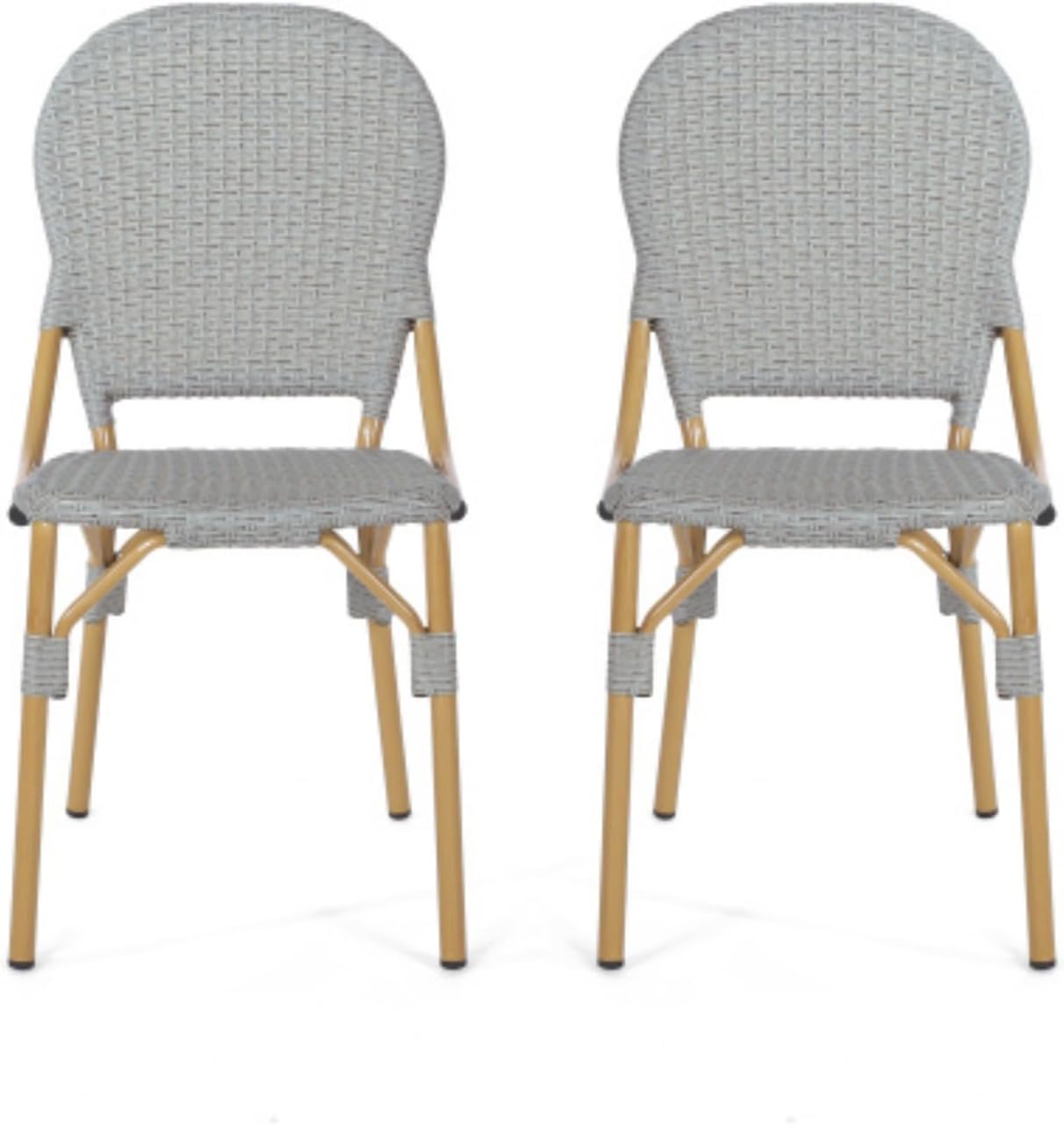 Outdoor PE Rattan French Bistro Chairs Set of 2, Aluminum Armless Bamboo Finish Patio Chairs for Porch Backyard Balcony, Gray