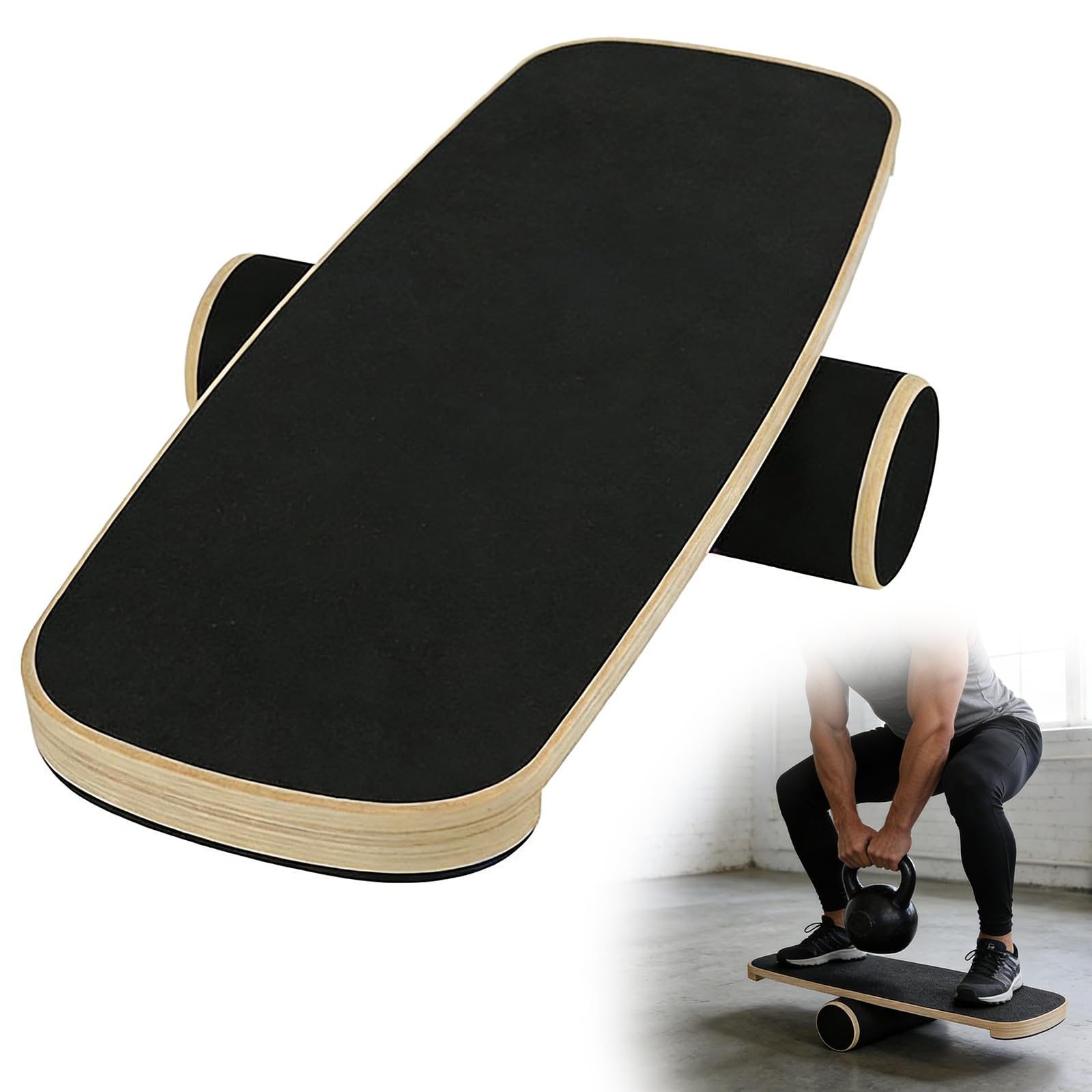 Balance Board, Balance Board Roller Holz Trainer, Holz-Gleichgewichtsboard mit verstellbaren Stoppern und Korkrolle, Board für Gleichgewichtstraining, Koordination, Home Fitness