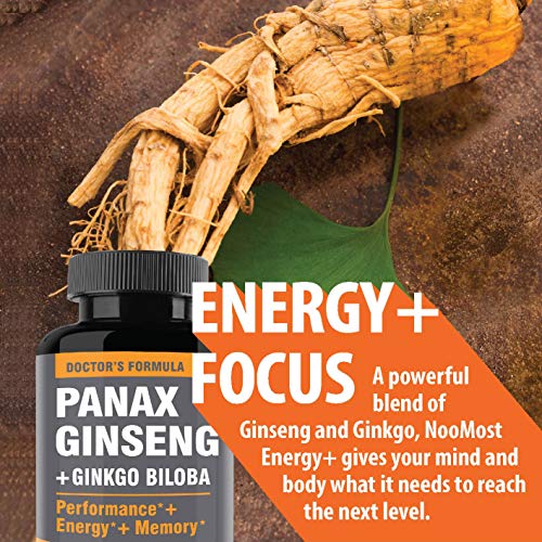 Authentic Korean Red Panax Ginseng + Ginkgo Biloba, 120 Vegan Capsules, Ginseng Root Extract Powder 1000Mg (10% Ginsenosides) + Gingko Biloba 60Mg, Energy And Focus Pills For Men And Women By Noomost #TOP5