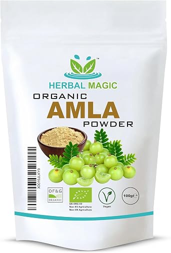 Herbal Magic's Organic Amla Powder Indian Gooseberry-Natural Dried Seedless-Vibrant Smoothies, Shakes - Hair Mask-Free from Fillers & Preservatives-OF&G UK Certified 100g pack 1