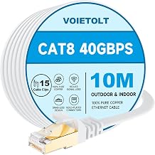 CAT8 Ethernet Cable 10M with Clips, 40Gbps/2000Mhz High Speed Gigabit RJ45 LAN Internet Network Cable, Cat-8 Flat Patch Cable Shielded Heavy Duty for PS4/5 Computer Modem PC TV - White