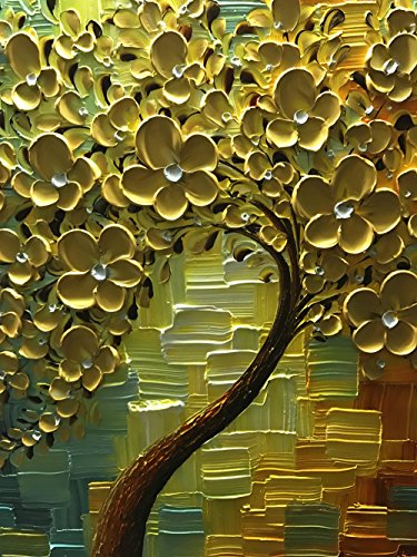 Yasheng Art - 3D Oil Paintings On Canvas Golden Flowers Tree Paintings Abstract Artwork Wall Art For Living Room,Dinning Room Home Decor Framed Stretched Ready To Hang 24X24Inch #TOP3
