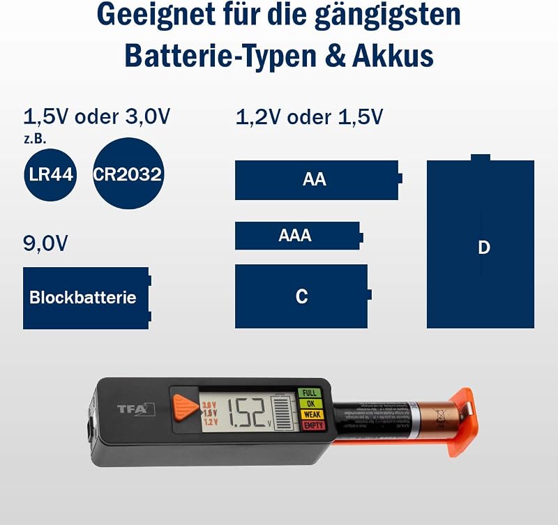 TFA Dostmann BatteryCheck digitális elemteszter AAA AA C D gombelem 9V