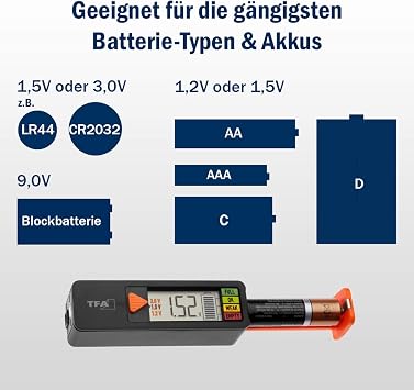 TFA Dostmann Pil test cihazı BatteryCheck, 98.1126.01, piller ve aküler için (AAA,AA,C, D), düğme pil, blok pil, şarj durumu/Volt göstergesi, kolay ve hızlı, siyah
