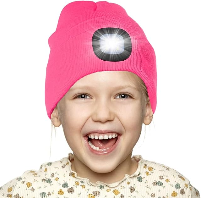 Attikee LED Lighted Beanie Cap for Kids, Rechargeable 4 LED Headlamp Hat, Knitted Winter Hat with Torch for Cycling Running Camping Night Walking, Christmas Novelty Gifts for Boys Girls Kids Children
