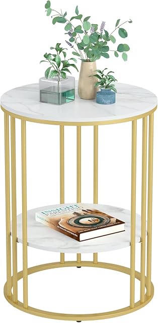 Marble Top Side Table Gold: Small Circle End Tables 40x54cm Sintered Stone Bedside with Metal Golden Legs Modern White Nightstand 2 Tier Round Sofa Coffee Table for Bedroom Living Room Furniture