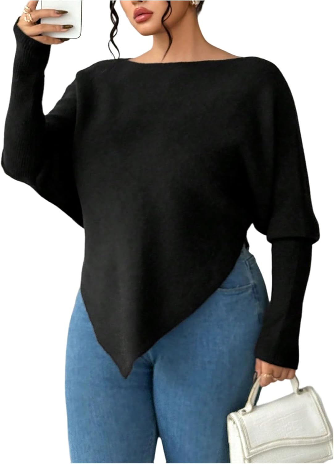 SOLY HUX Women's Plus Size Asymmetrical Sweater Boat Neck Long Sleeve Pullover Jumper Tops
