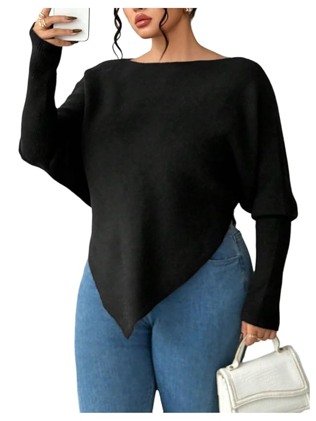 SOLY HUX Womens Plus Size Asymmetrical Sweater Boat Neck Long Sleeve Pullover Jumper Tops