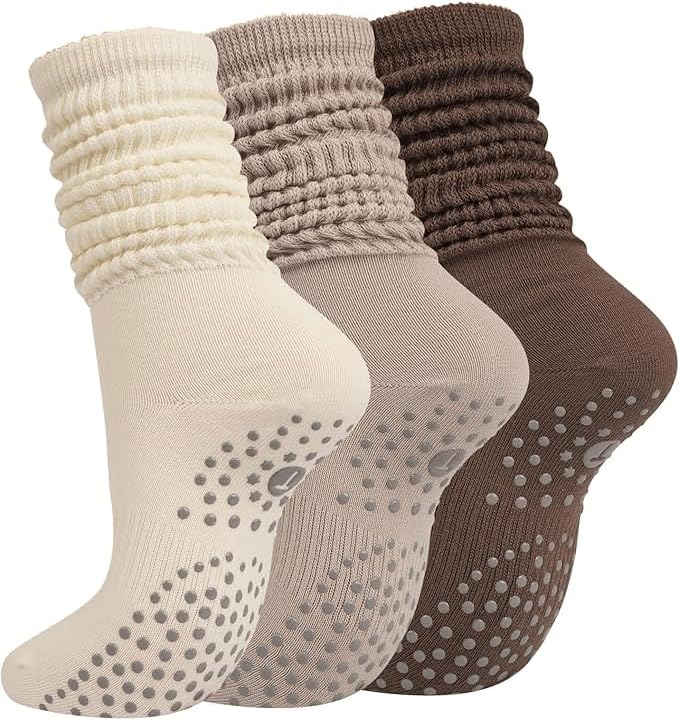 Women Three Pairs Yoga Slouch Socks Grip Pilates Non Slip Long Slouchy Slipper Socks