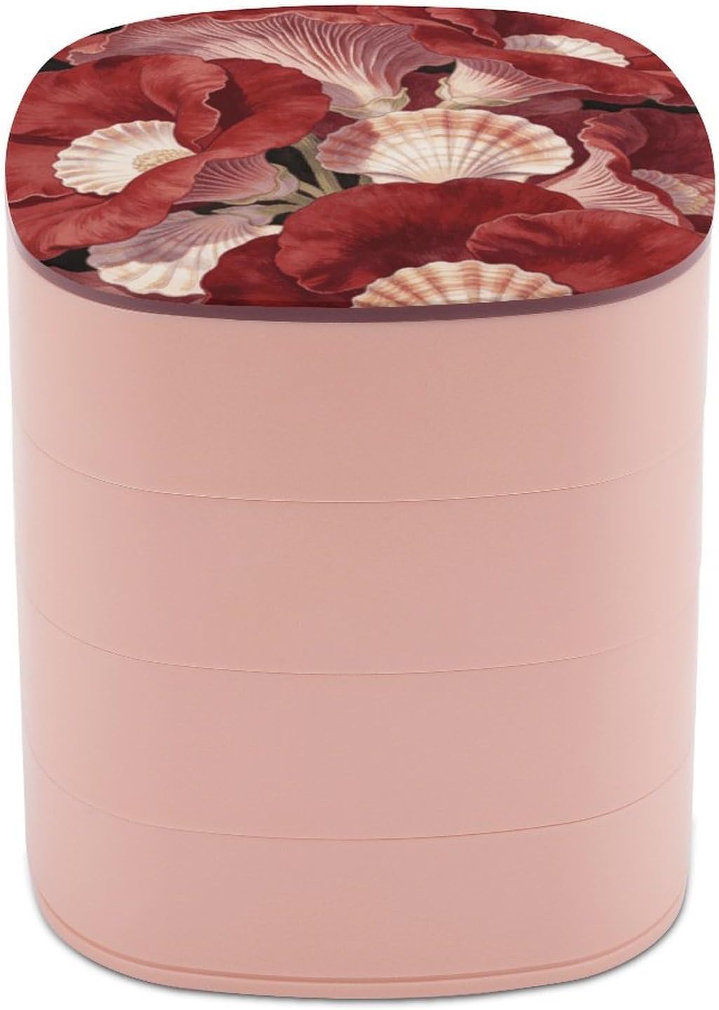 Harvard Crimson And Seashell Flowers Rotating Jewelry Organizer Box 4-Layer 360° Rotatable ABS Jewelry Organizer with Mirror Dustproof Desktop Vanity Storage Case for Earrings Necklaces Rings Bracelet