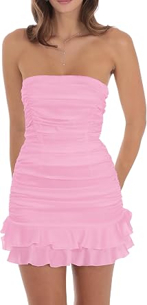 Mizoci Womens Sexy Tube Top Strapless Ruffle Party Mini Dress | Bodycon Ruched Bow Back Cute Going out Homecoming Short Dresses