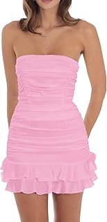 Women's Sexy Tube Top Bodycon Mini Dress Strapless Ruffle Bow Back Ruched Party Short Dresses