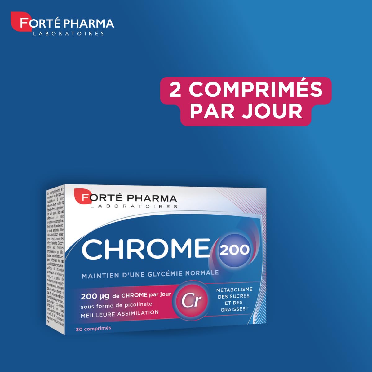 Forté Pharma - Chrome 200 - Complément Alimentaire Minceur - Maintien de la Glycémie, Réduction du grignotage et envies de sucre, Controle de l'appétit - Assimilation optimale - 30 comprimés