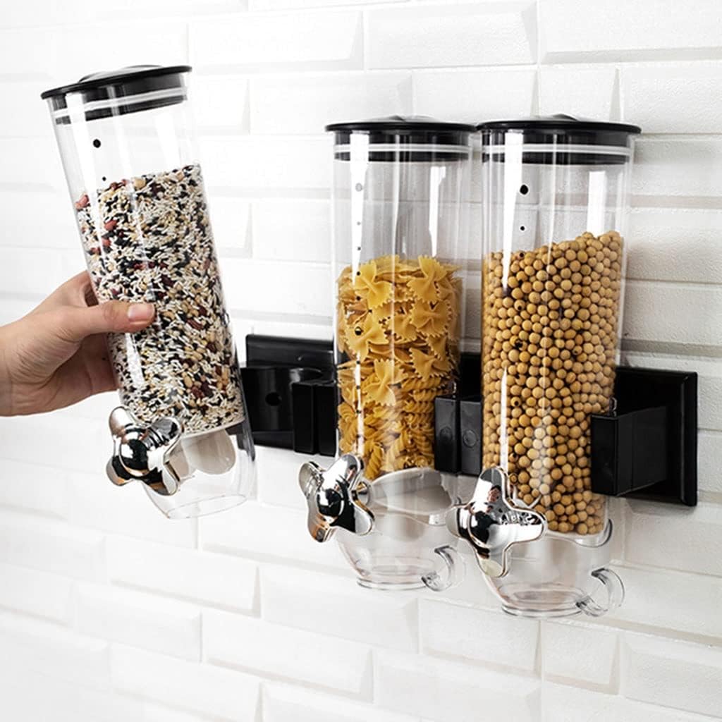 4.5L Triple Food Dispenser with 3 Cup Kitchen Wall Mounted Grain Dispenser for Store Cereal Nut Coffee BeansCandySnackDry Food (Black 4.5L)，Black-4.5L