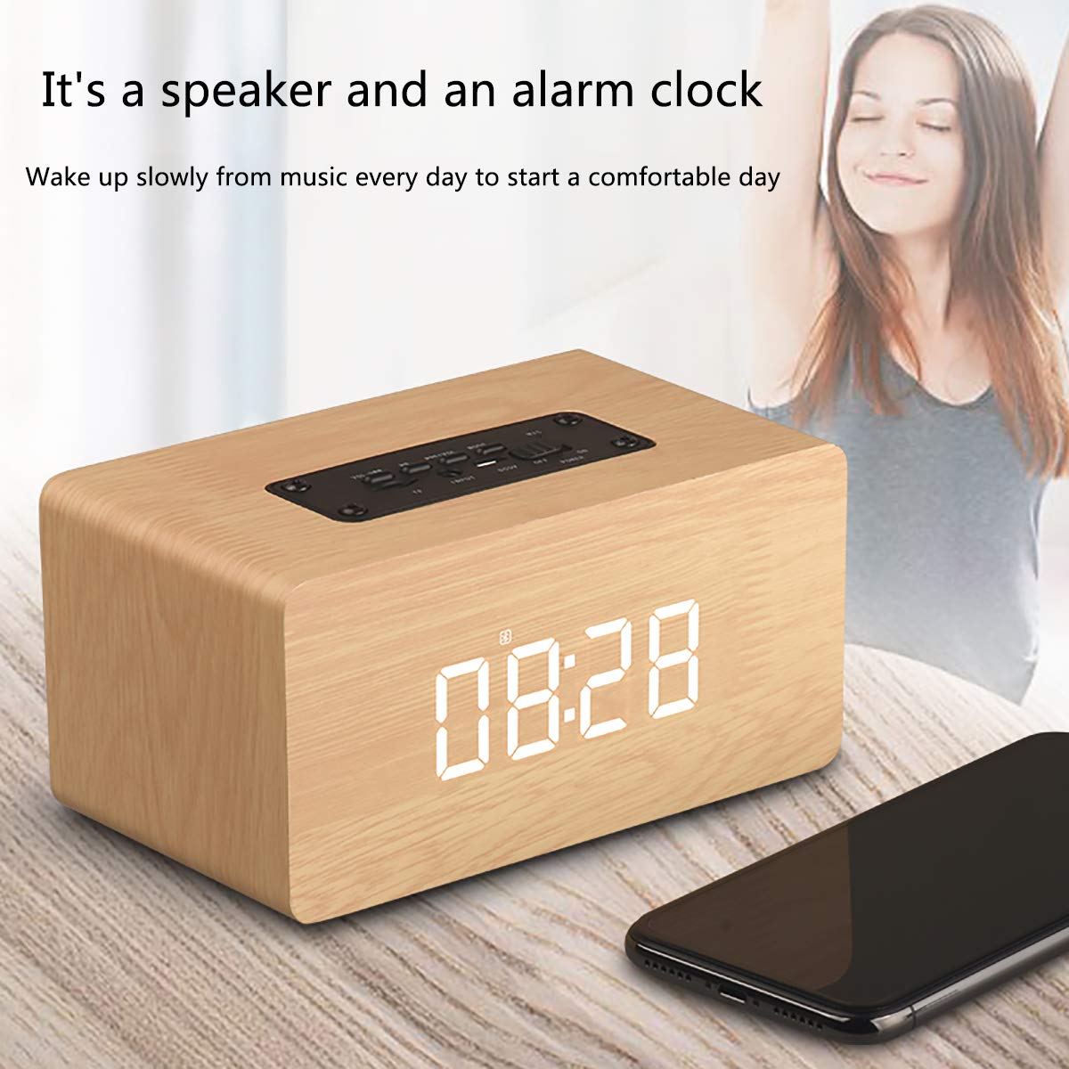 Bluetooth Speaker, Orologio con Sveglia, Legno High-End, ad Alta Definizione Bass, Radio FM, Microfono Incorporato, Riproduzione Carta di TF, LED Iarge Screen Display,Brown-OneSize