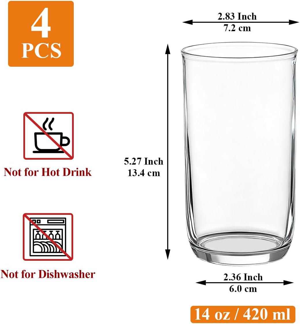Berglander Highball Glasses Set 4pc, 14 oz Tall PET Clear Plastic Drinking Collins Glasses, Reusable Water Glass Cups, Bar Glassware Tumbler for Beverage, Beer, Juice, Milk, Mojito, Cold Drink