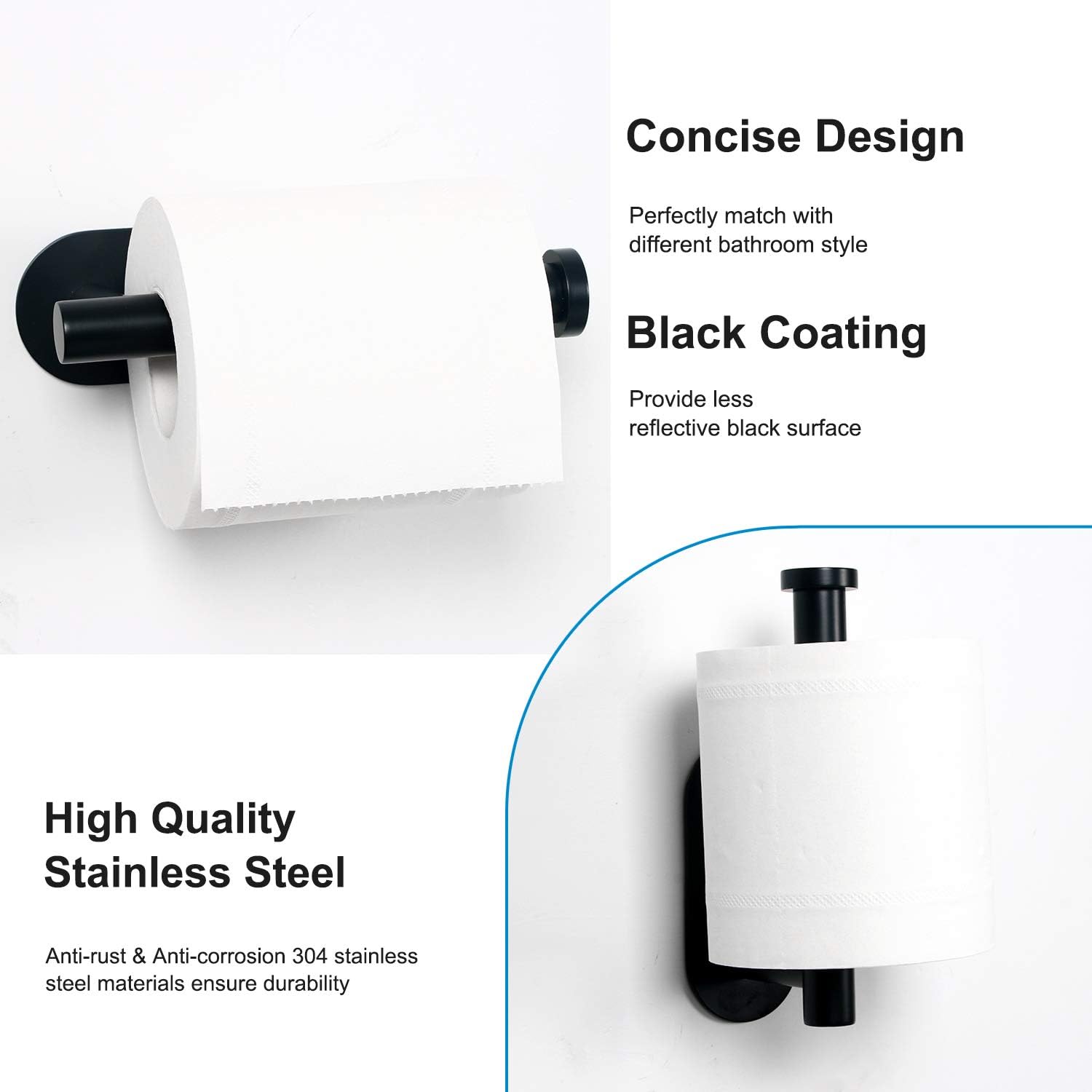 HouseAid Self Adhesive Toilet Paper Holder for Bathroom, No Drilling Stainless Steel Toilet Roll Holder, Matte Black