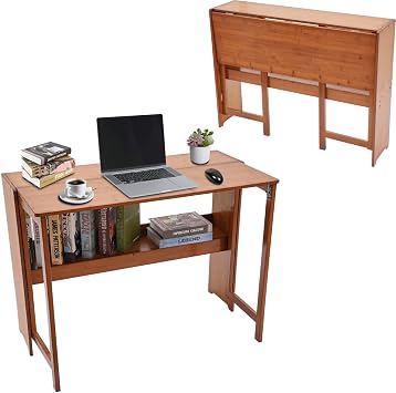 Bamboo Folding Desk Writing Computer Desk, Wood Desk with Storage Shelf, Foldable Computer Table Home Office Desk for Bedroom, Living Room, Dormitory, Small Space Brown