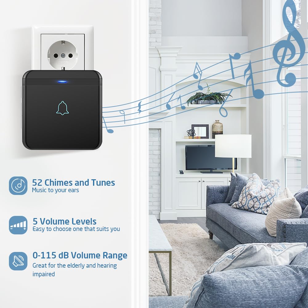 AVANTEK Campanello senza fili, pulsante campanello impermeabile IP55 con 2 ricevitori plug-in, flash LED, 5 livelli di volume, 52 melodie, portata operativa di 400 m, nero
