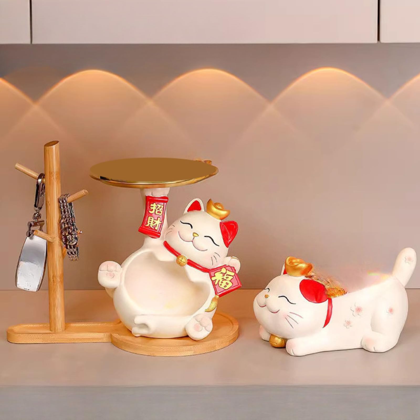 Chiński stojak do przechowywania i 2 szt. taca do przechowywania Maneki Neko, 29 cm 29 cm, statuetka do dekoracji domu szczęśliwego kota