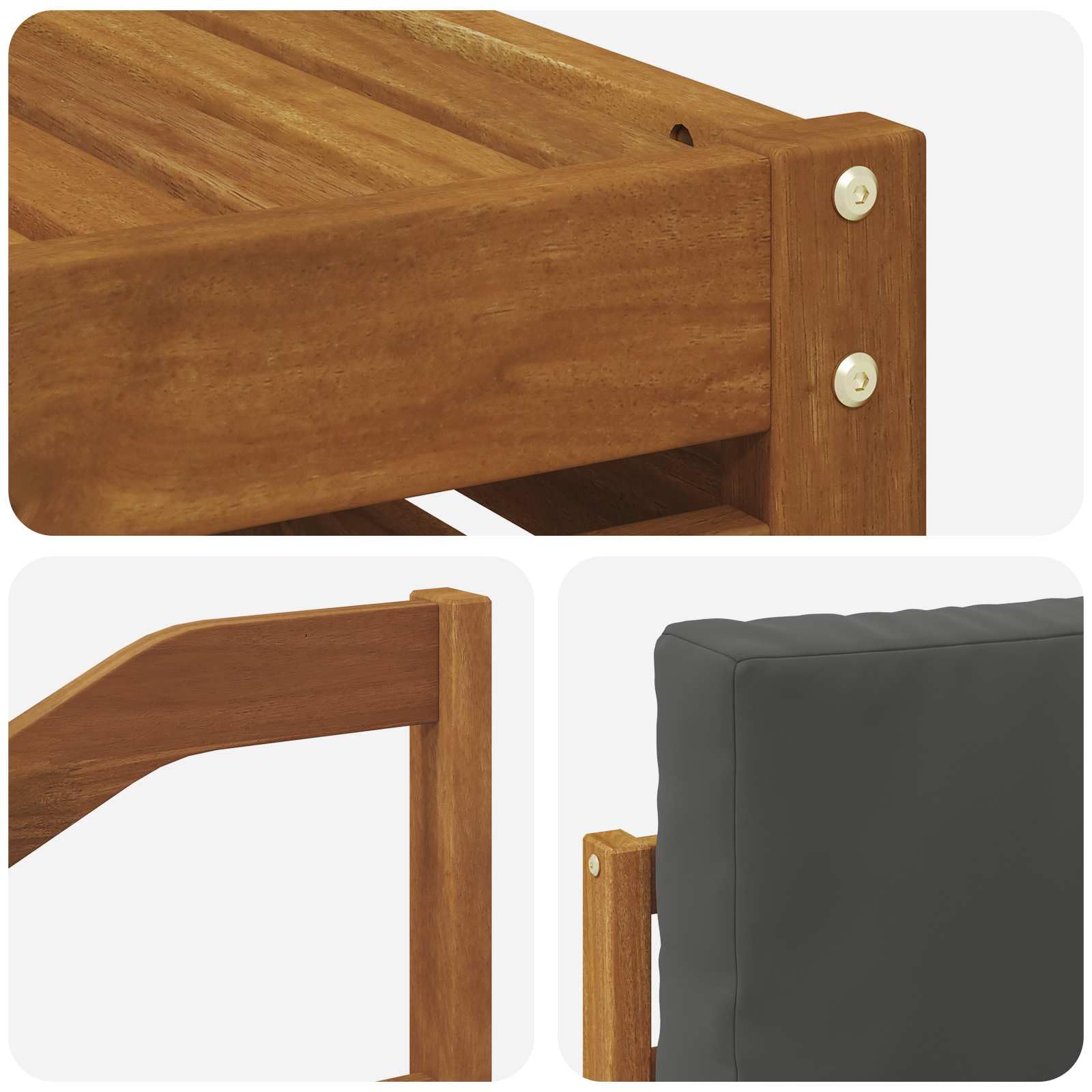 Outdoor-Gartenmöbelset mit 6 Kissen aus massivem Akazienholz wetterfestes Design für Terrasse, Balkon und Garten, inklusive Tisch, Sofas, Hocker, Armlehnen und Sitzkissen