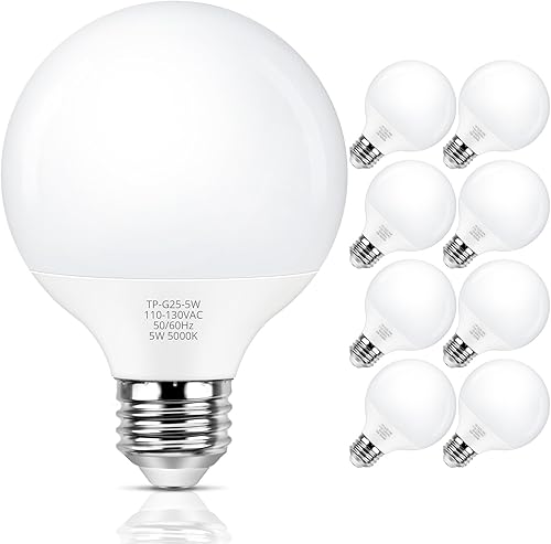 MAXvolador Bombilla LED G25 equivalente a 60 W, luz blanca diurna de 5000 K, bombillas de tocador E26 para espejo de maquillaje de baño, bombilla