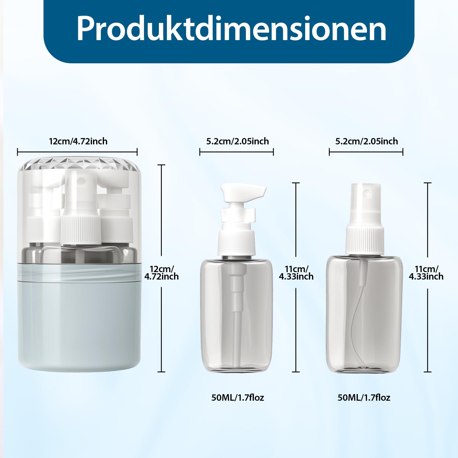 Contenitori Da Viaggio Per Liquidi 4-in-1 Set Riempibile, Accessori Viaggio Aereo Pompa 50ml Etichette Adesive, Regali Utili Per Chi Ama Viaggiare Impermeabile Antifuga Viaggio Ufficio (Blu)