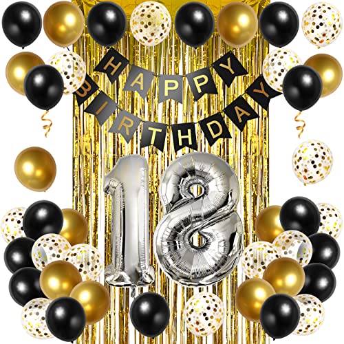 Décoration d'anniversaire 18e anniversaire garçon fille Raraplur 18e anniversaire décoration noir or homme femme décoration fête ballons et bannière Happy Birthday Cover