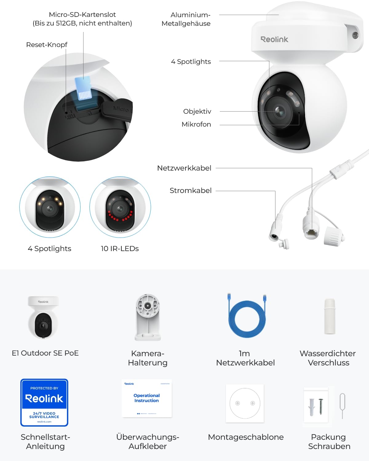 Reolink 4K PoE Überwachungskamera aussen mit Pan & Tilt, E1 Outdoor SE PoE | PoE IP-Kamera outdoor mit Farbnachtsicht, 355° Schwenken & 50° Neigen, Auto-Tracking, Smart-Erkennung, Zwei-Wege-Audio