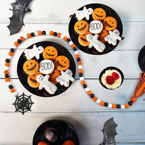 Miniatura 6 de Guirnalda de cuentas de madera de Halloween con borlas, telaraña, decoración de casa de campo, decoración de pared natural, cuentas de madera negra,