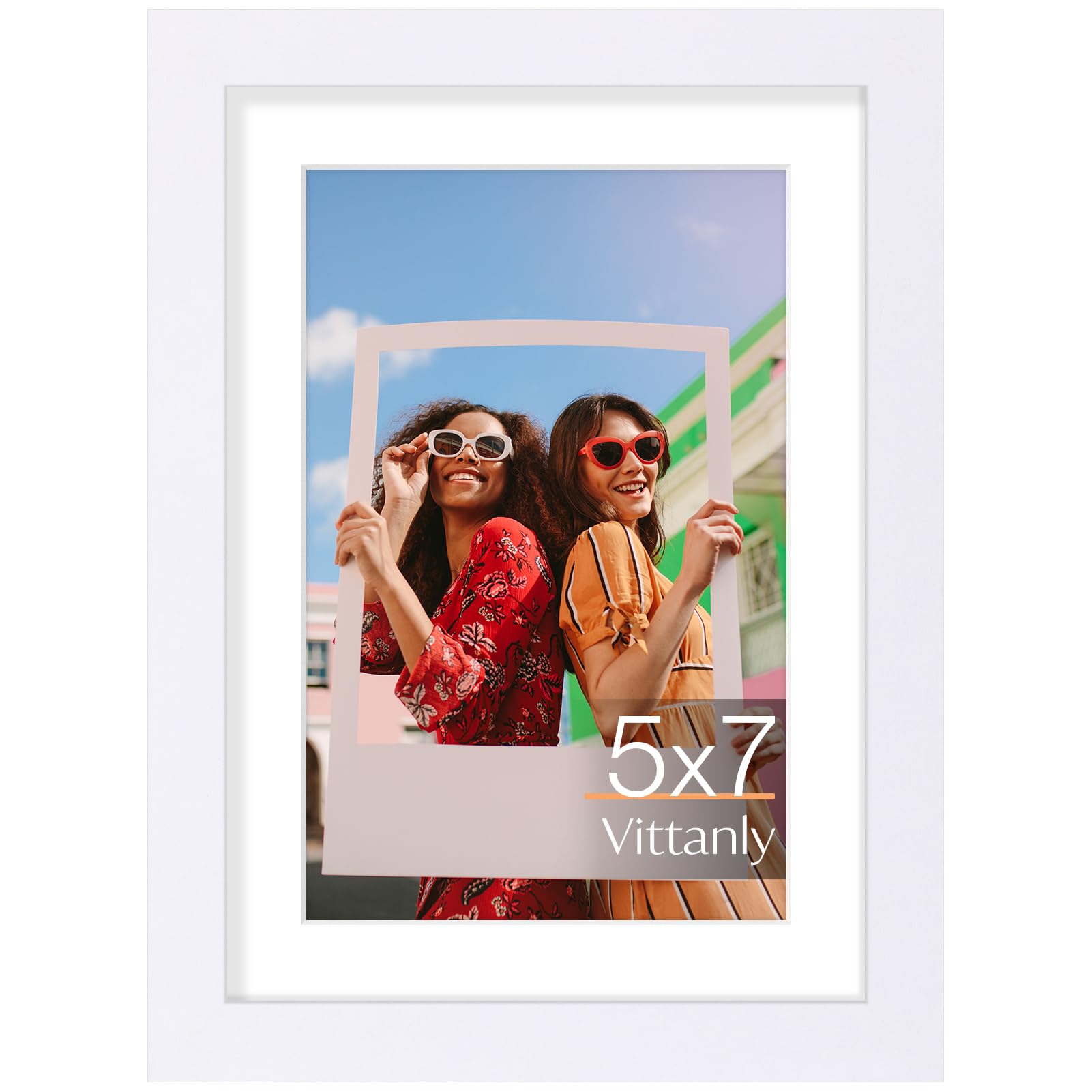 Vittanly 5x7 Picture Frame, Engineered Wood with Shatter Resistant Plexiglass, Display Pictures 4x6 with Mat or 5x7 without Mat, Photo Frame for Wall or Table Top Display, White, 1 Pack — image 1