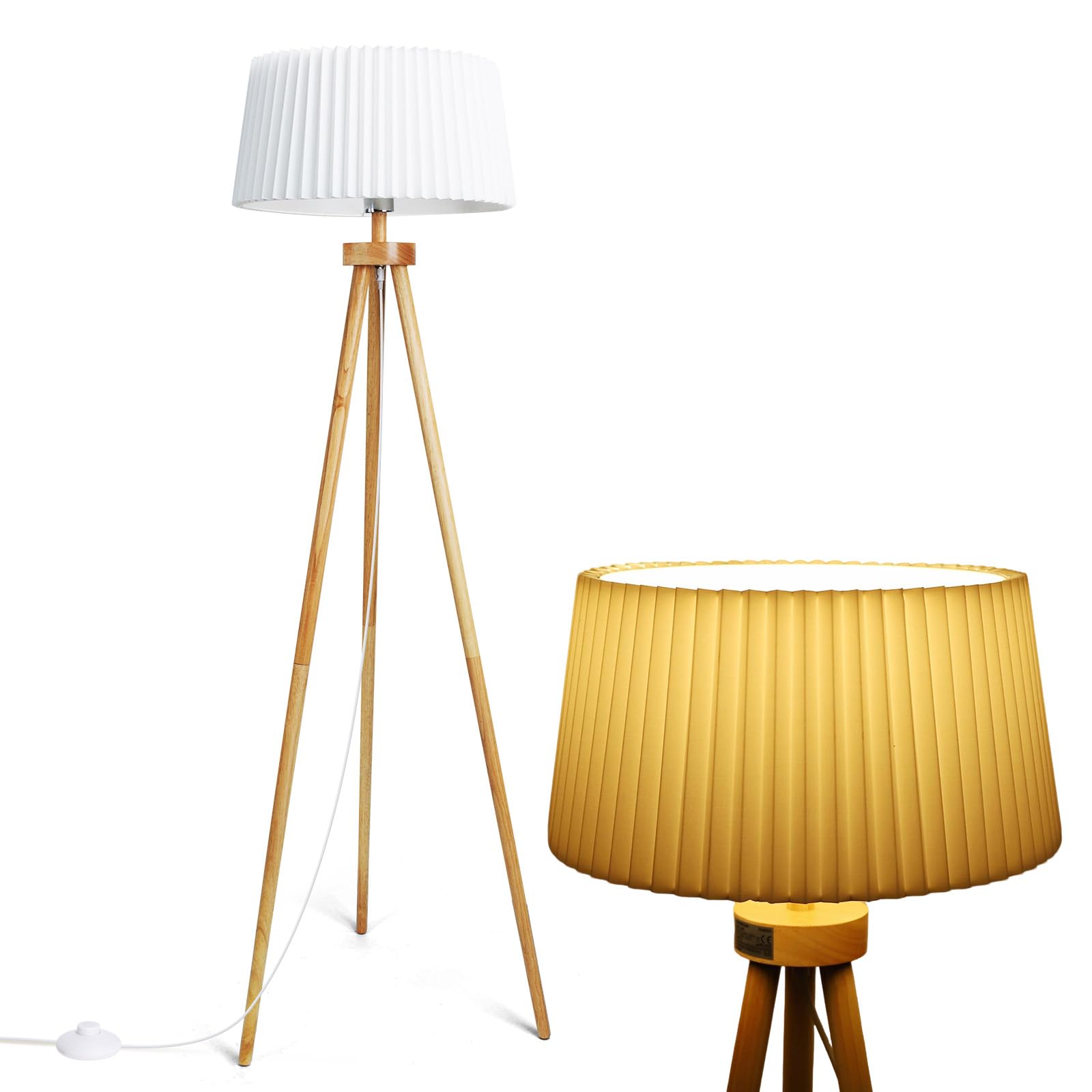 Aigostar Lampara de Pie tripode E27 Vintage de Madera Maciza para Salón， Plisada Pantalla Blanca de Lino， Cable 180 cm con Interruptor de Pie， Sin Bombilla， Estilo Nórdico
