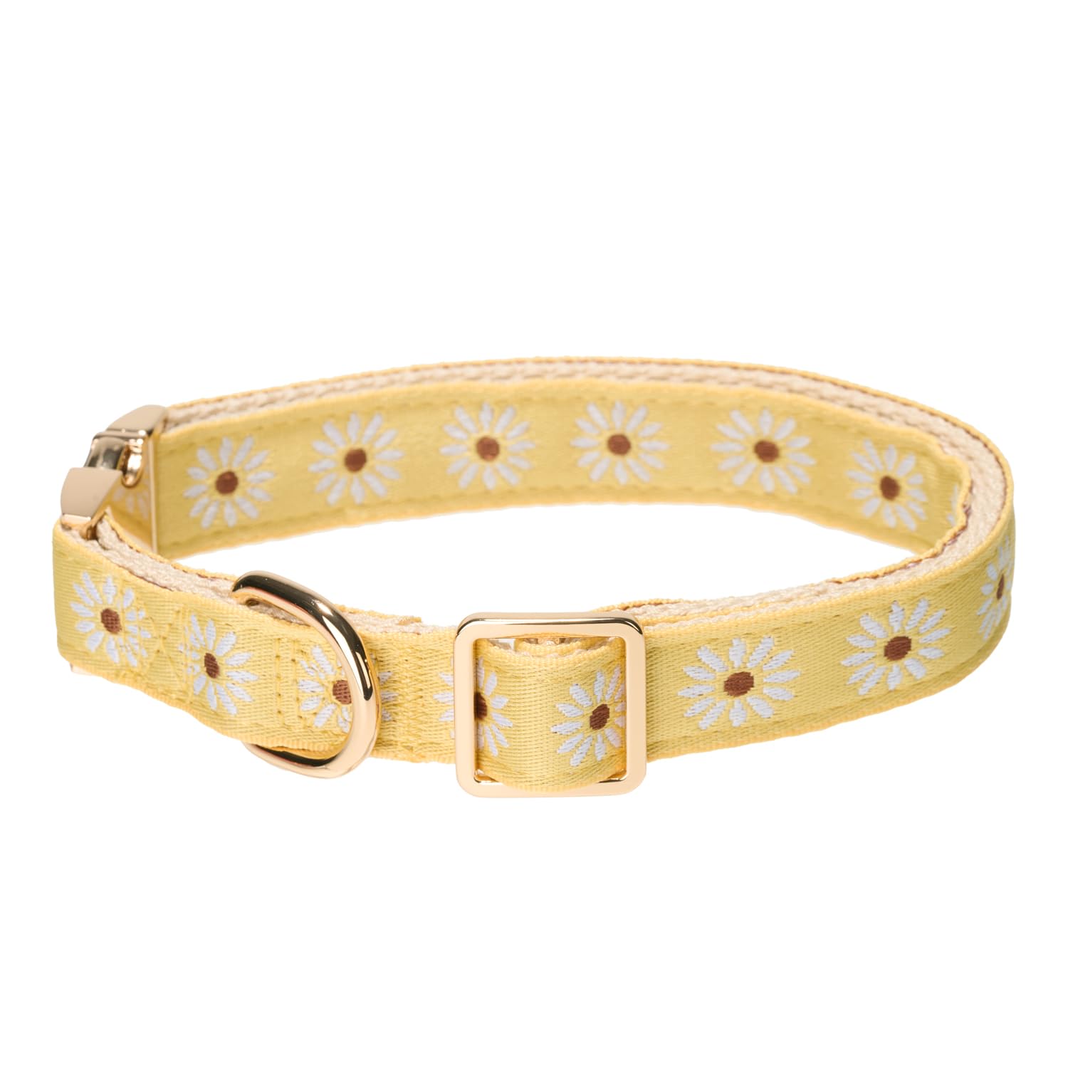 Adjustable Jacquard Webbing in Yellow Daisy Pattern Dog Collar with Soft Natural Cotton Padding and Gold Metal Buckle- Cute and Durable for Medium Dogs - Image 2