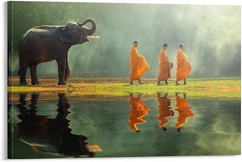 Póster estético de la habitación, monje y elefante, viven en paz, pinturas artísticas de pared, lienzo, decoración de pared, decoración del hogar,