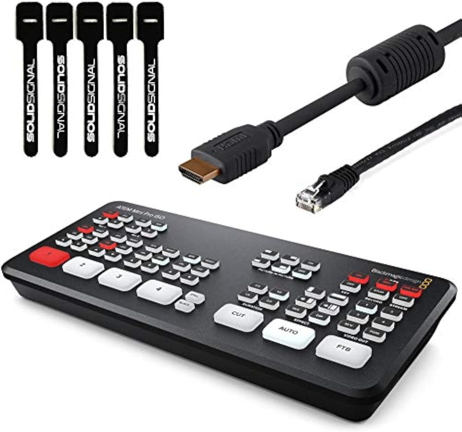 ATEM Mini Pro ISO HDMI Live Stream Switcher Bundle with 6โ HDMI Cable, 7โ Cat5e Cable, and 5-Pack of SolidSignal Cable Ties (SWATEMMINIBPRISO)