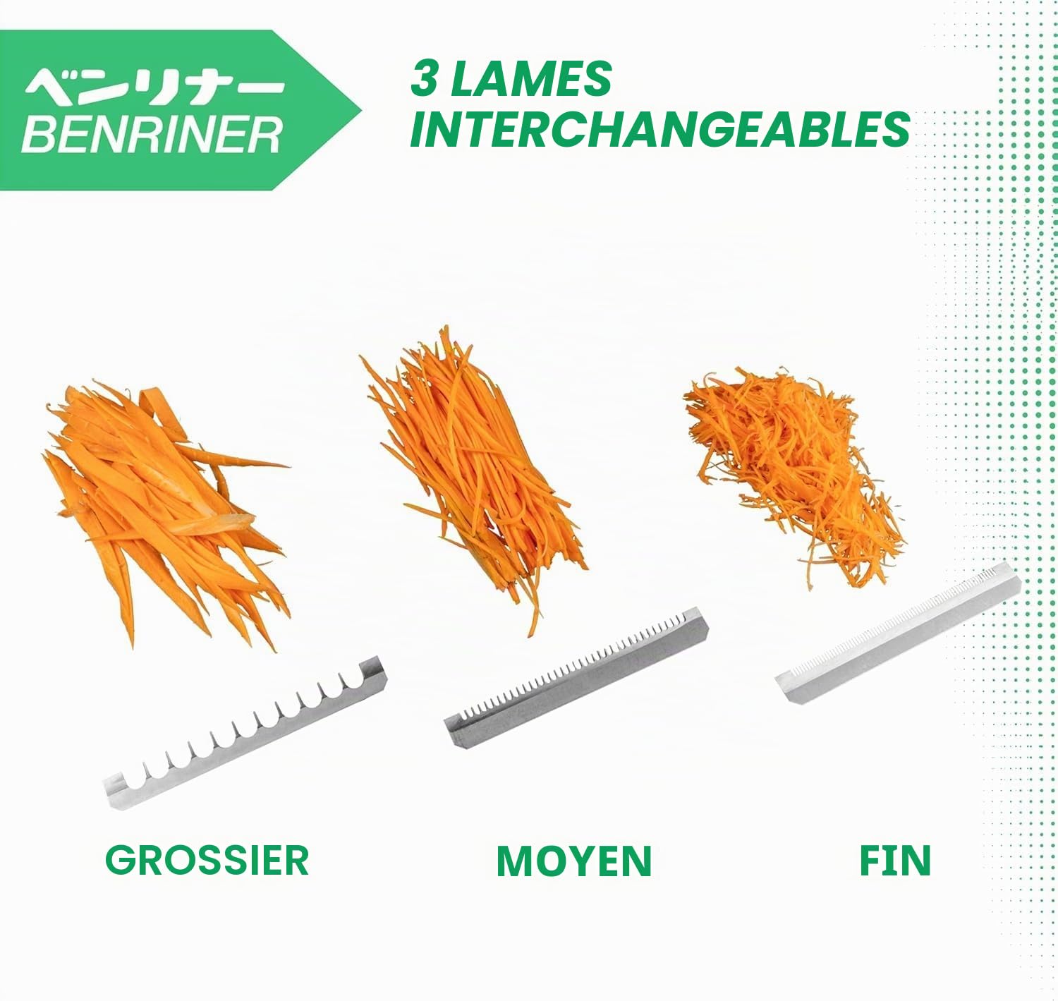 Benriner BN-64W-1 Mandoline, Blanc | 3 lames inox interchangeables pour trancher, râper et couper en julienne avec protection de sécurité