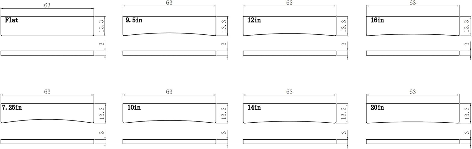 Guyker 8Pcs Flat, 7.25, 9.5, 10, 12, 14, 16, 20 Radius Guitar Fret Press Insert, 304 Stainless Steel Machine Pressure Fingerboard Radian Fret Insert for Acoustic Electric Guitar Bass Luthier DIY Tool