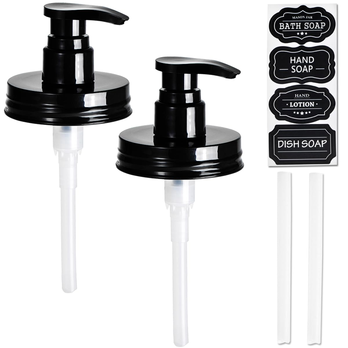 Photo 1 of [SLIGHTY USED] [MISSING PARTS] [CLERK NOTES] Amolliar Plastic Mason Jar Soap Dispenser Lids(2) - Universal Pump Replacement for Regular Mouth Jar - Long Tubes & Cute Lables -Farmhouse Decor for Kitchen, Bathroom, Dish Soap, Lotions, Hand Soap