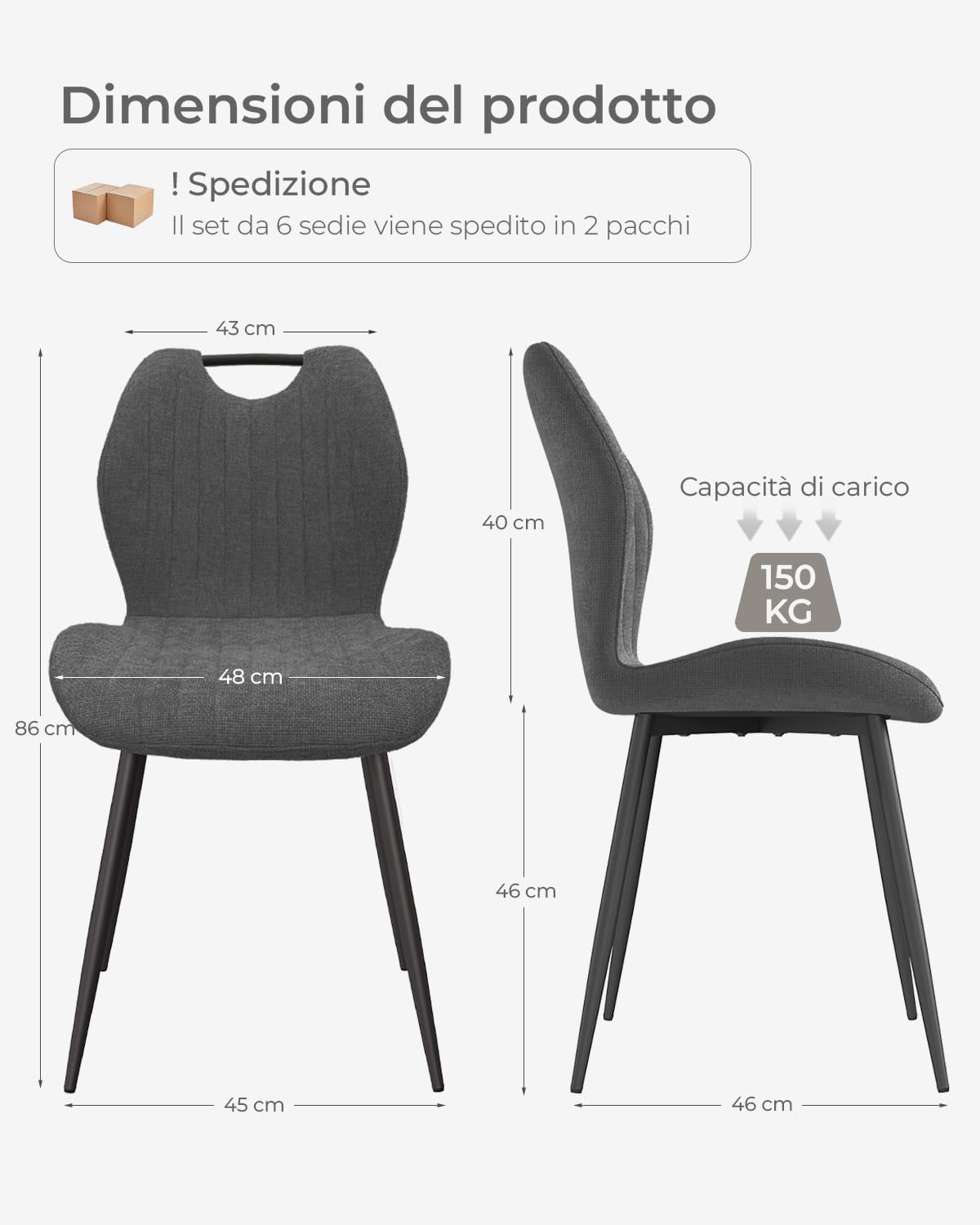 JIJIAN Set 2 Sedie da Pranzo in Tessuto Lino Grigio Scuro