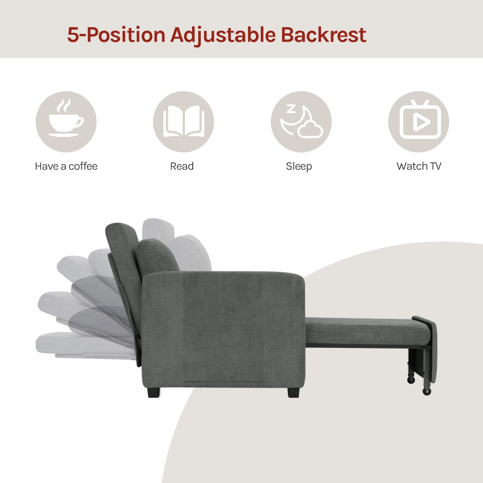 WOLTU 3-in-1 Schlafsessel, mit 5-Fach verstellbare Rückenlehne, Dunkelgrau | Schlafsofa mit Seitentasche, zu 235 cm verlängern, bequemer Lesesessel platzsparend, bis 150 kg, 76,5 x 85 x 82,5 cm